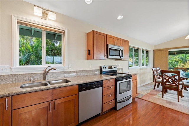 kitchen featuring wood-type flooring, appliances with stainless steel finishes, sink, and plenty of natural light