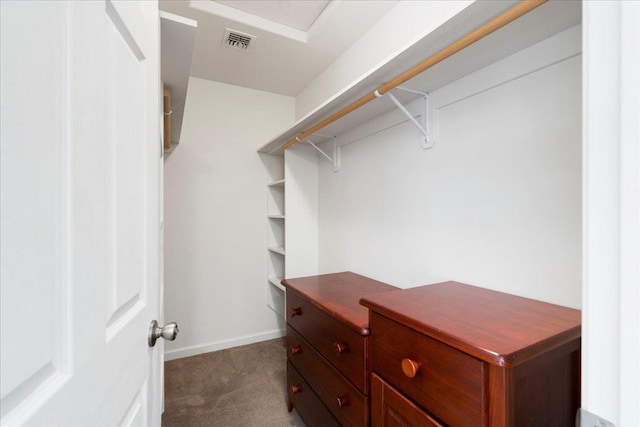 spacious closet with dark colored carpet