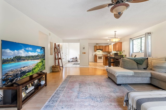 living room featuring ceiling fan, a textured ceiling, and light wood-type flooring