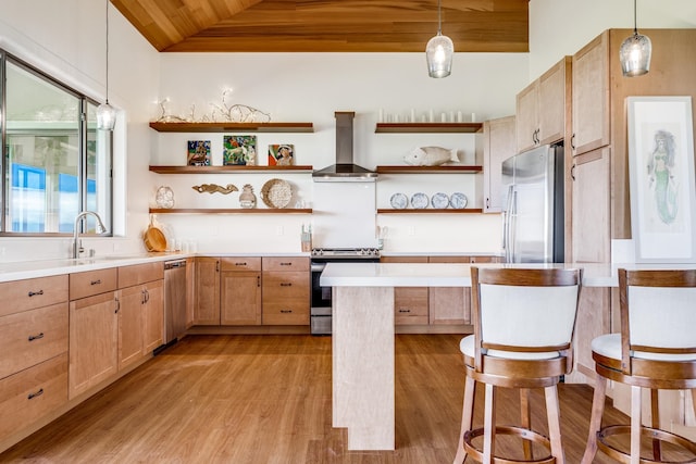 kitchen featuring a healthy amount of sunlight, stainless steel appliances, wall chimney range hood, and decorative light fixtures