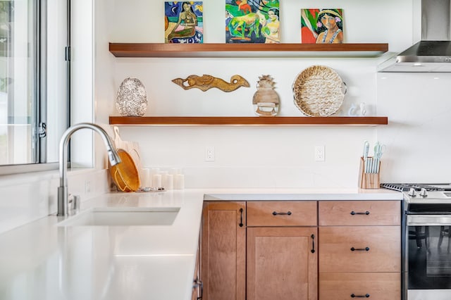 kitchen featuring wall chimney exhaust hood, stainless steel gas stove, and sink