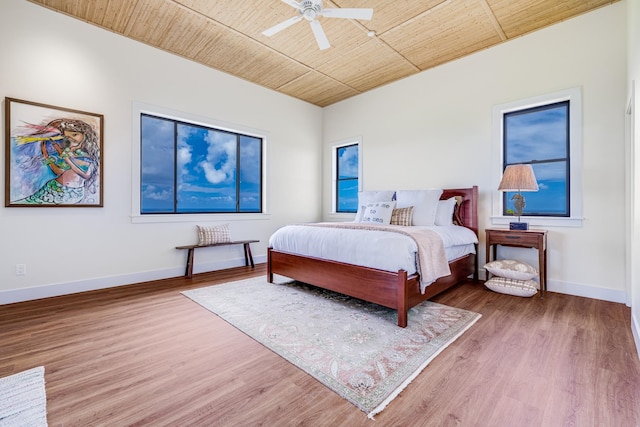 bedroom with wooden ceiling, wood-type flooring, and ceiling fan