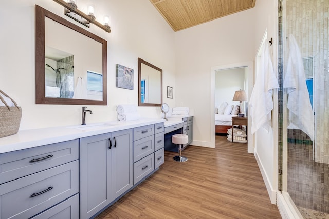 bathroom with vanity, a shower with shower door, and hardwood / wood-style flooring