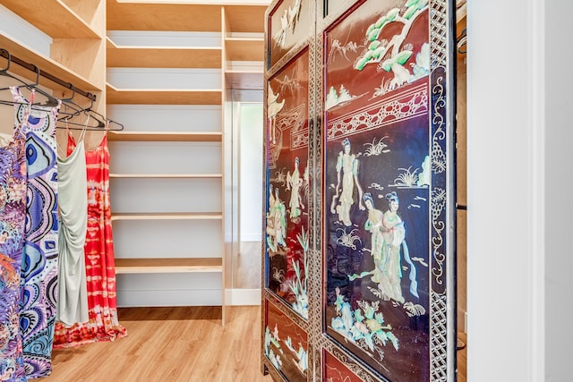 walk in closet with wood-type flooring