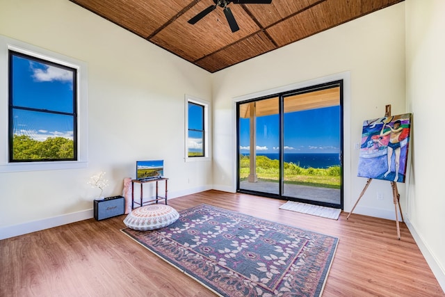 sitting room featuring ceiling fan, wood ceiling, and wood-type flooring