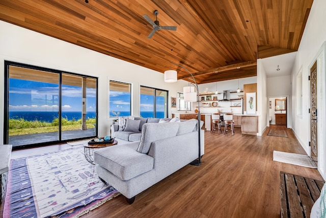 living room featuring wood ceiling, a water view, wood-type flooring, lofted ceiling, and ceiling fan