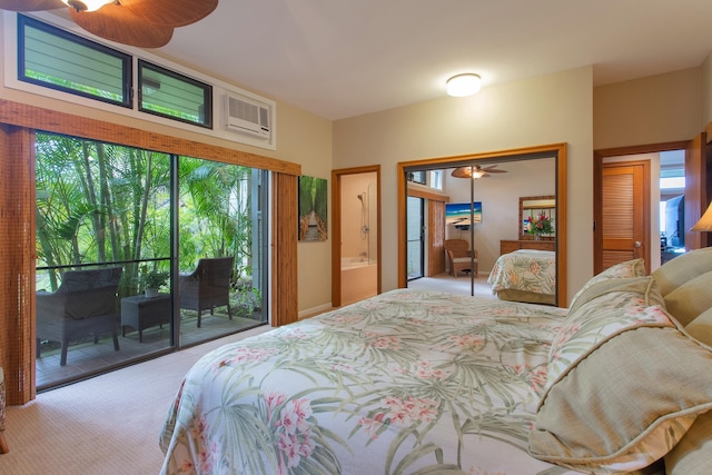 bedroom with access to exterior, light colored carpet, and multiple windows