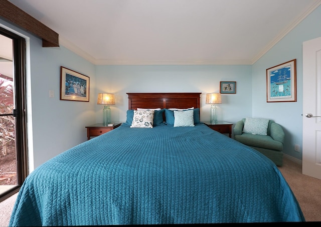 bedroom with lofted ceiling, carpet floors, and ornamental molding