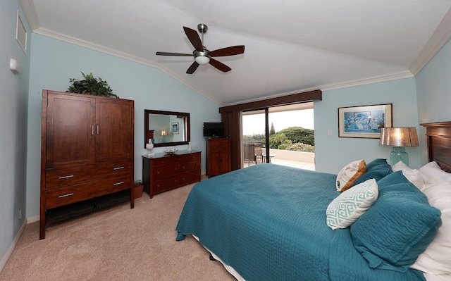 bedroom featuring access to outside, ceiling fan, light colored carpet, and lofted ceiling