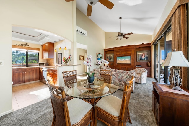 dining area with an AC wall unit, light carpet, and ceiling fan