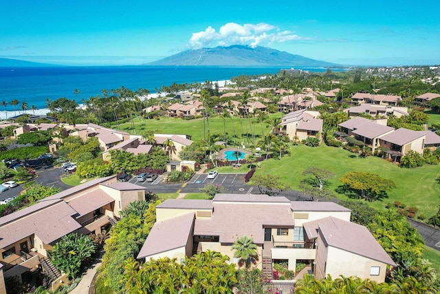 aerial view with a water and mountain view