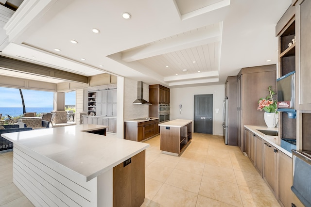 kitchen featuring a spacious island, wall chimney range hood, a water view, appliances with stainless steel finishes, and a tray ceiling