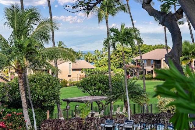 view of property's community featuring a lawn