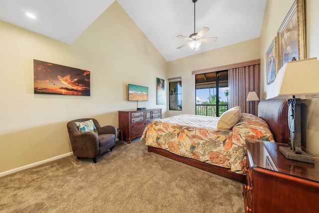 bedroom featuring high vaulted ceiling, ceiling fan, carpet floors, and access to outside