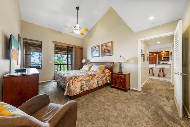 carpeted bedroom featuring access to exterior, ceiling fan, and high vaulted ceiling