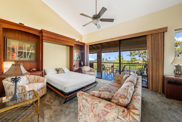 carpeted bedroom featuring access to outside, ceiling fan, and high vaulted ceiling