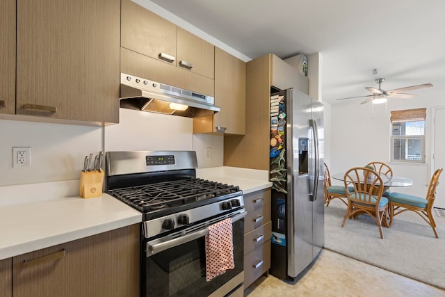 kitchen featuring light colored carpet, exhaust hood, appliances with stainless steel finishes, and ceiling fan