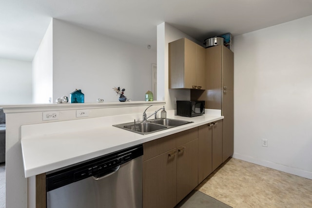 kitchen featuring stainless steel dishwasher, sink, and kitchen peninsula