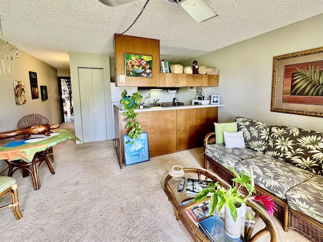 living room featuring light colored carpet and a textured ceiling