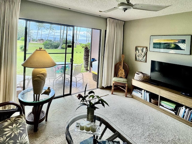 living area featuring ceiling fan, a textured ceiling, and carpet