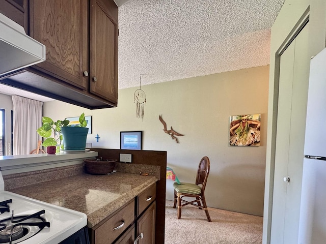 kitchen featuring range, dark brown cabinetry, a textured ceiling, light colored carpet, and white fridge