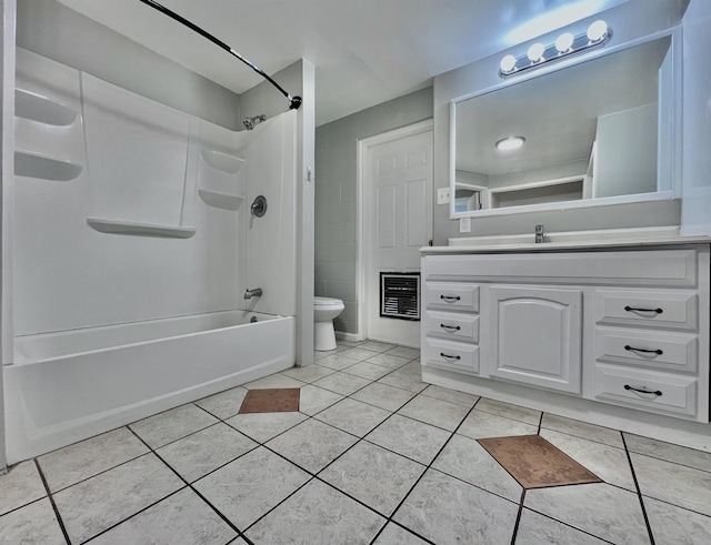 full bathroom with tile patterned flooring, vanity, heating unit, and toilet