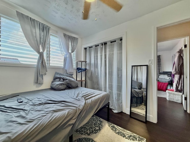 bedroom with ceiling fan and dark hardwood / wood-style flooring