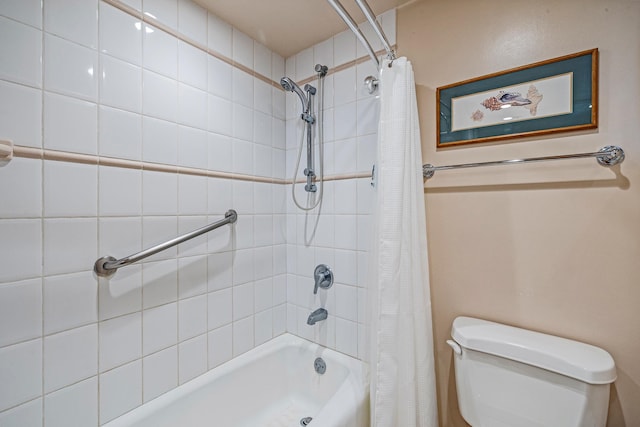 bathroom with toilet and shower / tub combo with curtain