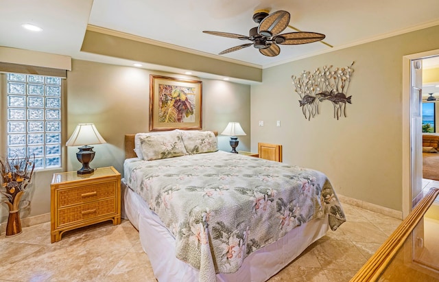 bedroom with ceiling fan and ornamental molding