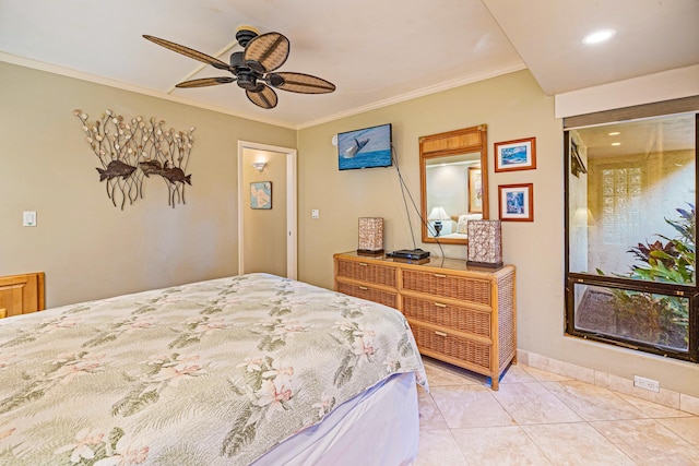 tiled bedroom featuring ceiling fan and crown molding