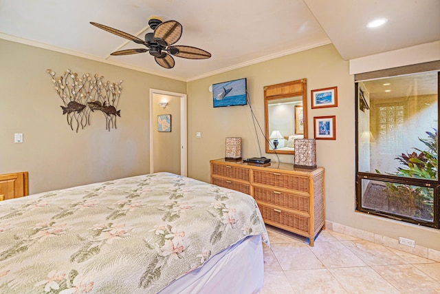 4401 Lower Honoapiilani Rd Unit A-103, Lahaina, HI 96761 - bedroom featuring crown molding, a ceiling fan, light tile patterned floors, and baseboards