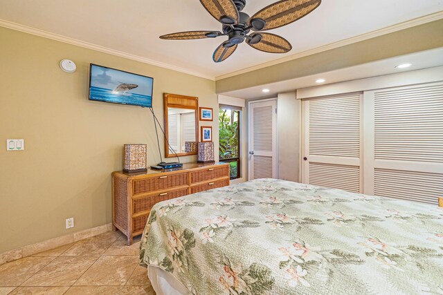 bedroom with ornamental molding, ceiling fan, and light tile patterned flooring