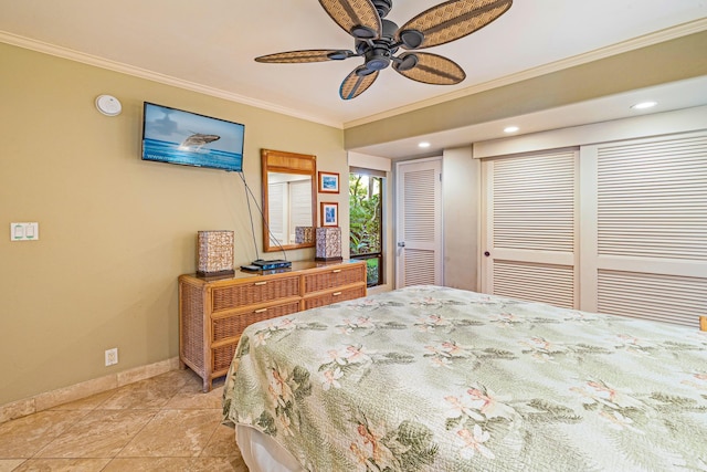 4401 Lower Honoapiilani Rd Unit A-103, Lahaina, HI 96761 - bedroom featuring ornamental molding, baseboards, light tile patterned floors, recessed lighting, and a ceiling fan