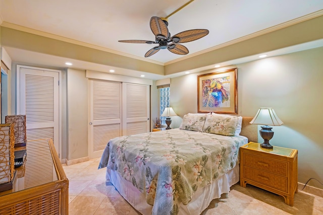 bedroom with ceiling fan, light tile patterned floors, and ornamental molding