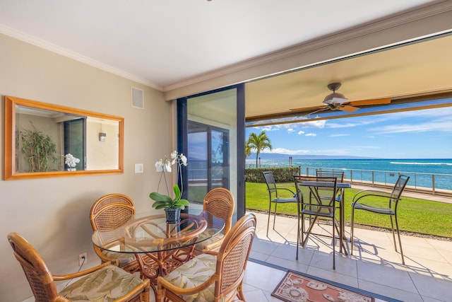 4401 Lower Honoapiilani Rd Unit A-103, Lahaina, HI 96761 - dining area with tile patterned flooring, plenty of natural light, crown molding, a water view, and ceiling fan
