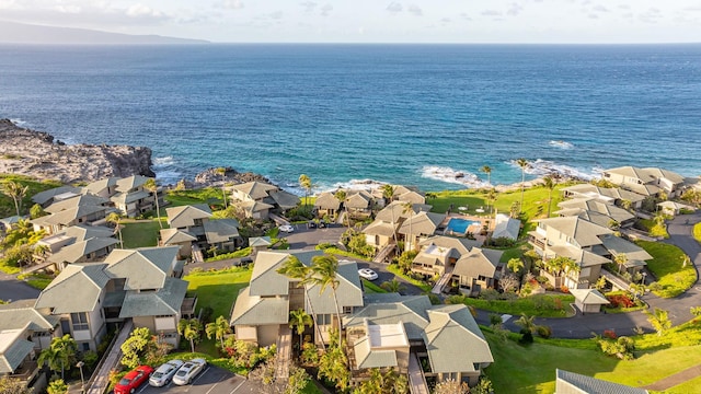 bird's eye view featuring a water view and a residential view