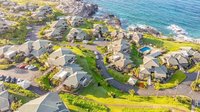 aerial view with a water view and a residential view