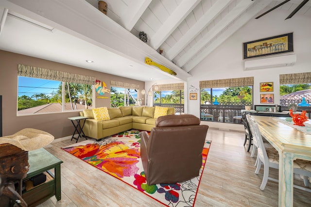 living room featuring beam ceiling, high vaulted ceiling, light hardwood / wood-style flooring, and an AC wall unit