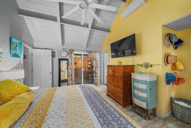 bedroom with an AC wall unit, vaulted ceiling with beams, and ceiling fan