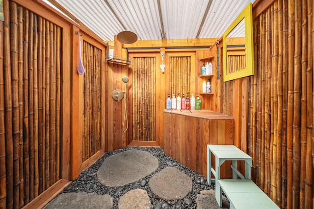 interior space featuring wood walls