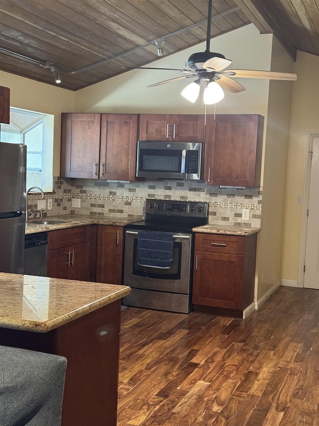 kitchen with wood ceiling, ceiling fan, a sink, stainless steel appliances, and dark wood-type flooring