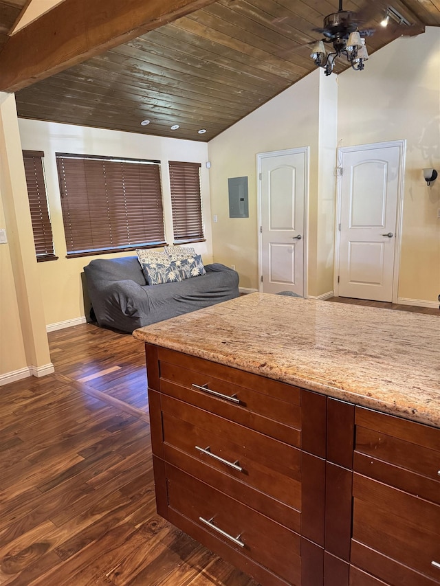 bedroom featuring wooden ceiling, vaulted ceiling, dark wood-style floors, and electric panel