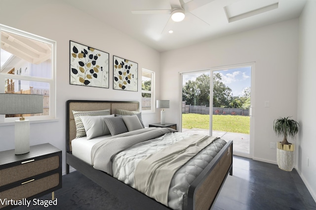 bedroom featuring dark wood-style flooring, attic access, a ceiling fan, access to outside, and baseboards