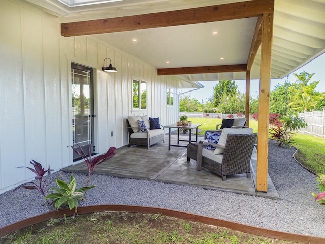 view of patio featuring fence private yard and outdoor lounge area