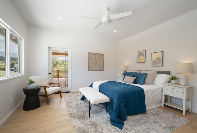 bedroom with access to exterior, light wood-type flooring, baseboards, and recessed lighting