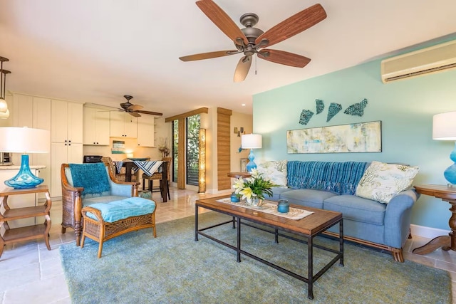 living room featuring light tile patterned flooring, a ceiling fan, and a wall mounted AC