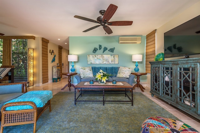 tiled living room with ceiling fan and a wall mounted AC