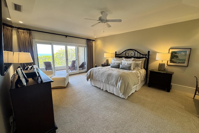 bedroom with visible vents, light carpet, access to outside, recessed lighting, and baseboards