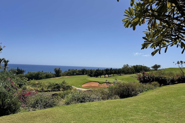 surrounding community featuring a water view and a lawn