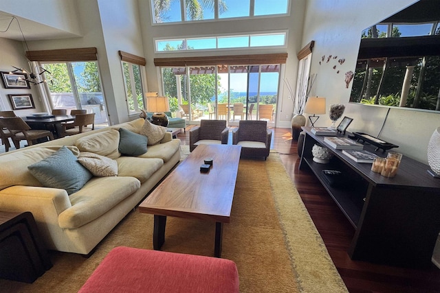 living area with a high ceiling, a healthy amount of sunlight, and wood finished floors